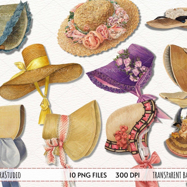 Watercolor Bonnets Clipart, vintage baby hats, baby bonnet clipart, scrapbooking ephemera, instant download PNG