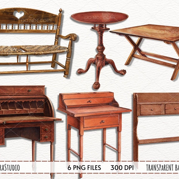 Furniture Clipart, Vintage Interior Clipart, watercolor furniture, Antique furniture, vintage desk, Watercolor elements for instant download