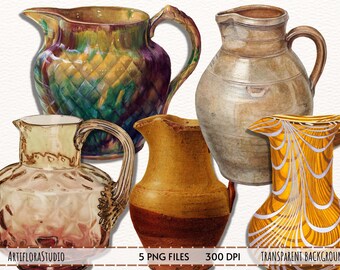 Watercolor Pitcher Clipart, glass ceramic pitcher clipart, water pitcher, flower container, decorative elements for instant download PNG