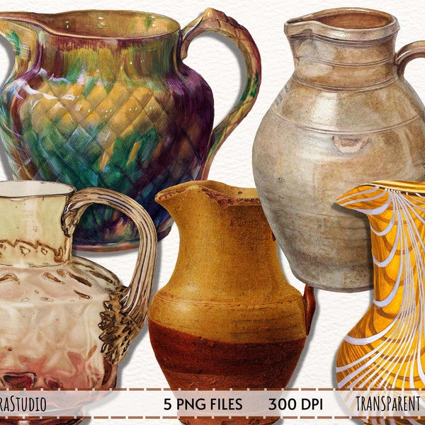 Watercolor Pitcher Clipart, glass ceramic pitcher clipart, water pitcher, flower container, decorative elements for instant download PNG