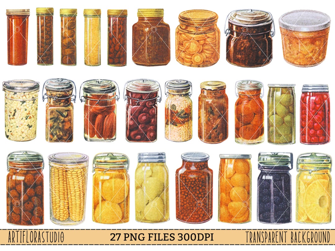 Vintage Preserves Illustrations, 27 PNG, Vintage Food Clipart, Fussy