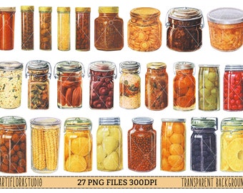 Vintage Preserves Illustrations, 27 PNG, vintage food clipart, fussy cut, mason jar pickling, watercolor vintage, scrabpooking