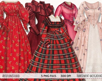 Watercolor Victorian Dresses clipart, Vintage Fashion Clipart, Red Dresses PNG, Scrapbooking ephemera, Instant download PNG