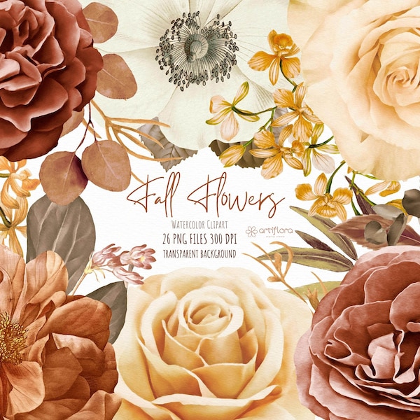 Watercolor floral clipart, Roses clipart, brown flowers, fall flowers, Wedding clipart,  Decorative elements for instant download PNG