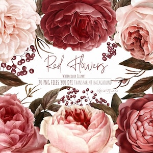 Watercolor floral clipart, Rose clipart, red burgundy flowers, burgundy roses, Wedding clipart, Decorative elements for instant download PNG