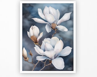 Magnolia Floral Watercolor Wall Art Print | Magnolia Painting | Magnolia Farmhouse Decor | Watercolor Floral Painting Digital Download