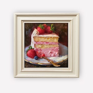 Pintura de natureza morta de cozinha | Arte de parede de bolo de morango | Pintura a óleo de comida de cozinha | Download digital IMPRIMÍVEL