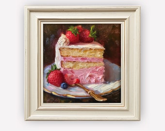 Kitchen Still Life Painting | Strawberry Cake Wall Art | Kitchen Food Oil Painting | Digital PRINTABLE Download