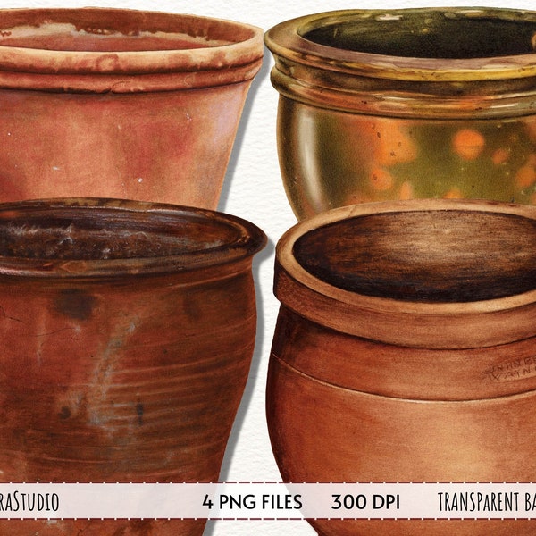 Watercolor Clay Pots Clipart, pottery clipart, flower pot waterocolor, garden items png, decorative elements for instant download PNG