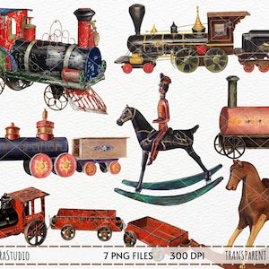 Imágenes Prediseñadas de juguetes vintage, juguetes de acuarela para niños, acuarela de tren de juguete, imágenes prediseñadas de locomotora de tren de juguete, caballito de juguete, descarga instantánea PNG
