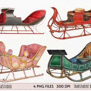 Watercolor Santa Sleigh Clipart, red green christmas sleigh, empty santa sleigh clipart, christmas items clipart,  Instant download