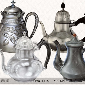 Watercolor Teapot Clipart, vintage teapot clipart, silver teapot, tea time tea party, decorative elements for instant download PNG