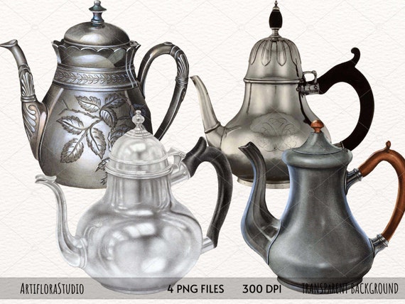 Watercolor Teapot Clipart, vintage teapot clipart, silver teapot, tea time tea party, decorative elements for instant download PNG