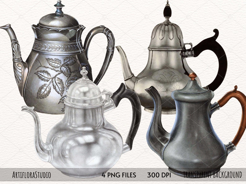 May include: Four silver teapots with ornate designs. The teapots have different shapes and sizes, and all have black or brown handles.