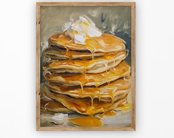 Kitchen Still Life Painting | Stack of Pancakes with Maple Syrup Wall Art | Breakfast Kitchen Food Oil Painting | Digital PRINTABLE Download