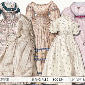 Watercolor Victorian Dresses clipart, Vintage Fashion Clipart, Beige Dresses PNG, Scrapbooking ephemera, Instant download PNG