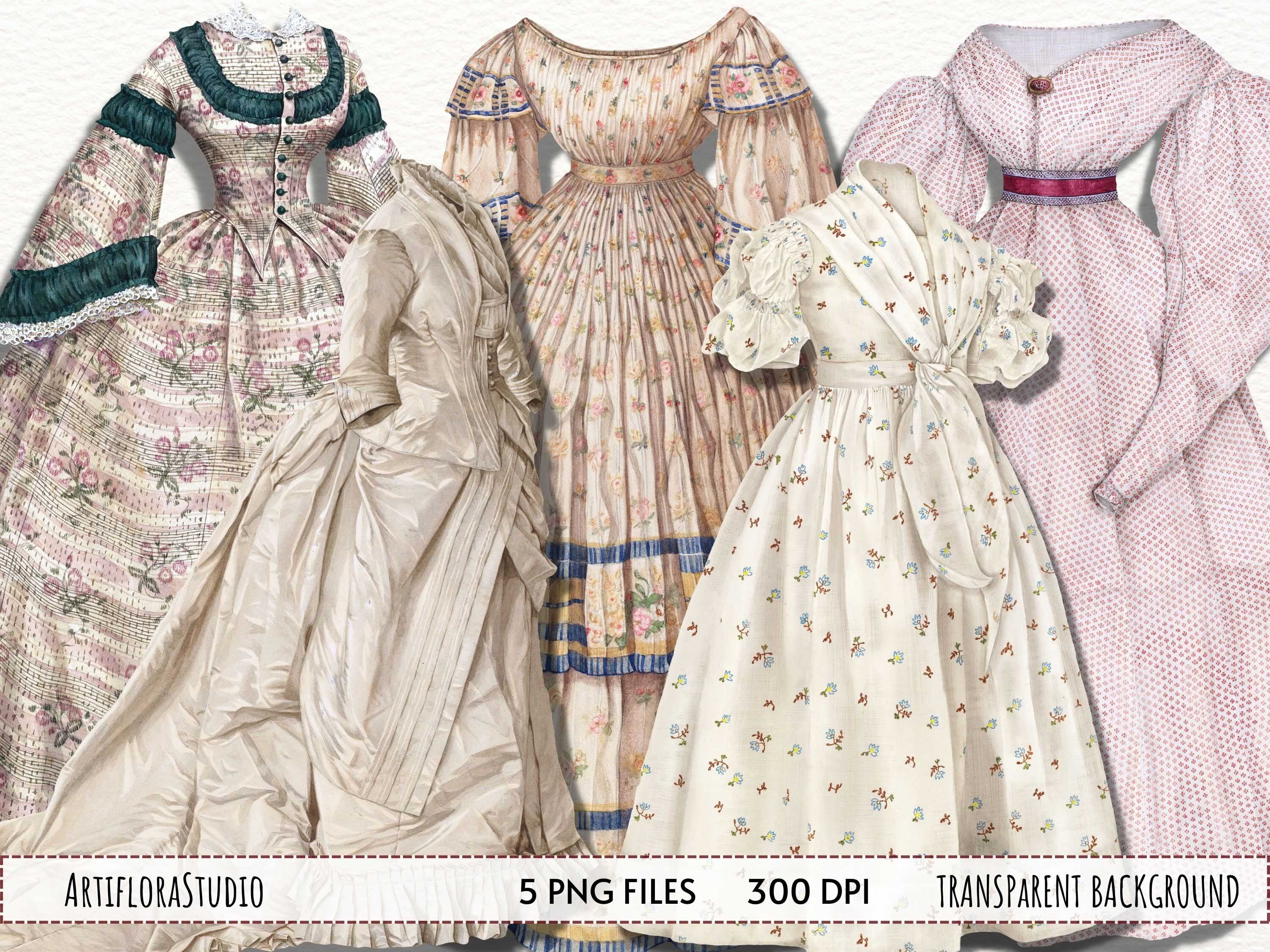 Watercolor Victorian Dresses clipart, Vintage Fashion Clipart, Beige Dresses PNG, Scrapbooking ephemera, Instant download PNG