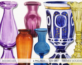 Imágenes prediseñadas de jarrón de acuarela, imágenes prediseñadas de jarrón vintage, jarrón para flores, jarrón de vidrio, jarrón de cerámica, elementos decorativos para descarga instantánea PNG