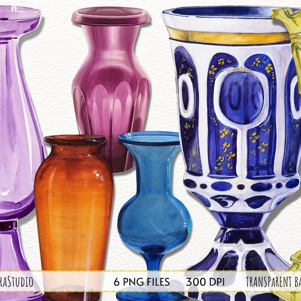 Watercolor vase clipart, Vintage vase clipart, vase for flowers, glass vase, ceramic vase, Decorative elements for instant download PNG