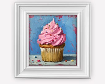 May include: A pink cupcake with colorful sprinkles on top, sitting on a blue background with more sprinkles scattered around it.