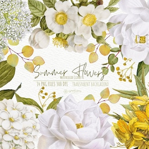 Aquarell Blumen Clipart, Rosen Hortensien Clipart, Weiße gelbe Blumen, Frühling Sommer Blumen, Dekorative Elemente zum sofortigen Download PNG