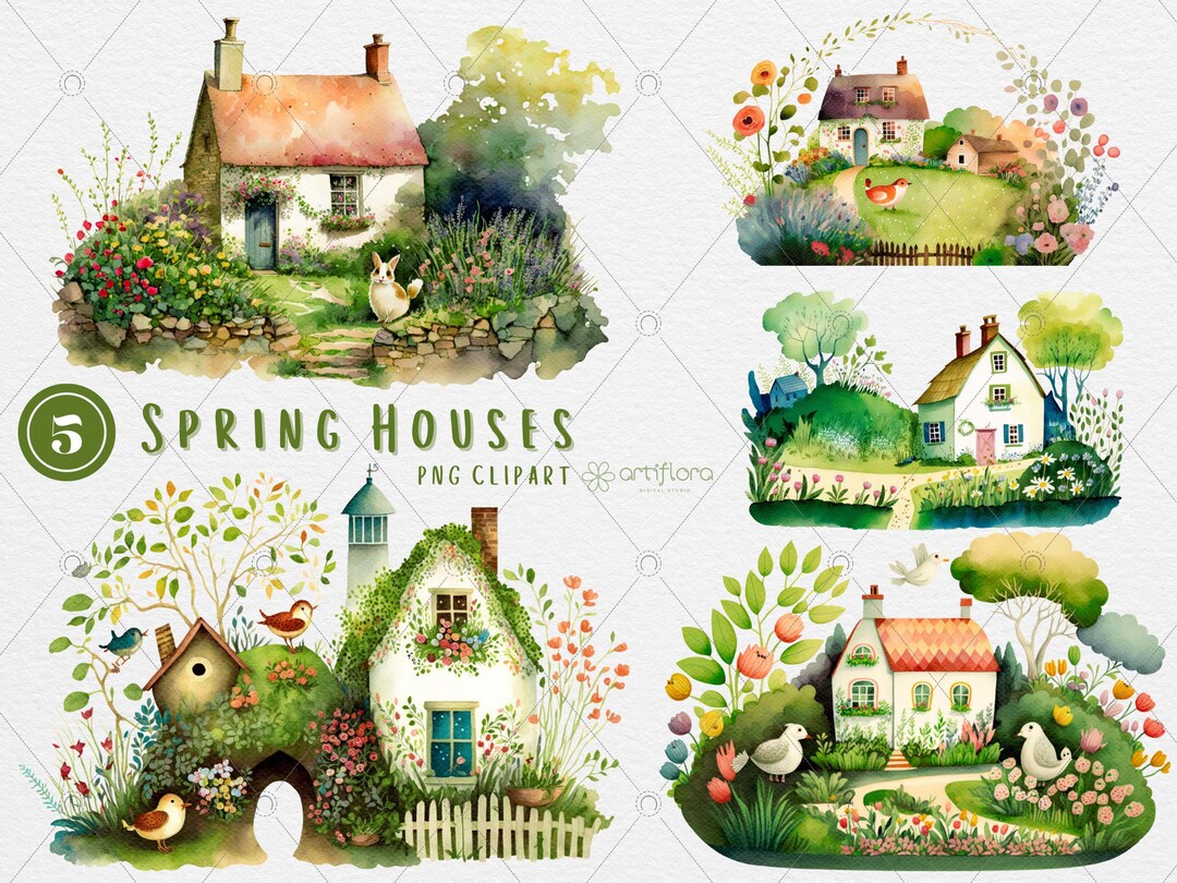 Watercolor Spring Easter Houses Clipart, 15x10 Inch, Digital House ...
