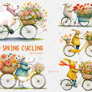 Aquarell Frühling Ostern Süßes Lamm Schaf Hase Fahrrad Clipart, Frühling Ostern Illustration, digitales Lamm Schaf, direkter Download PNG