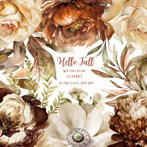 Clipart floral aquarela, clipart de rosas peônias, flores marrons, flores de outono, clipart de casamento, elementos decorativos para download instantâneo PNG