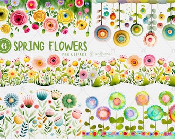 Watercolor Spring Easter Flowers Borders Clipart, tulips illustration, digital colorful flowers clipart, instant download PNG