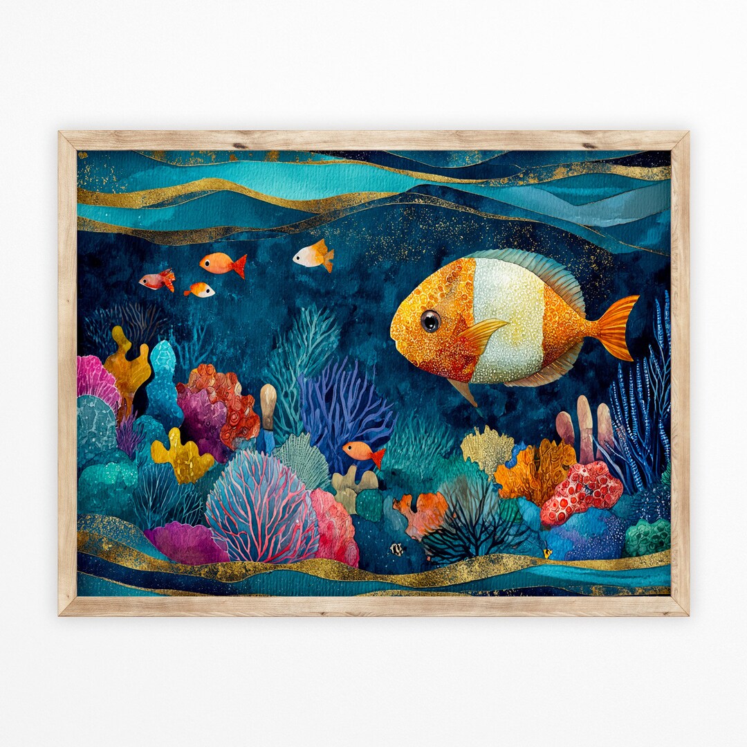 Printable Watercolor Sea Life Painting, Fish and Coral Reef Wall Art, Colorful Illustration ...