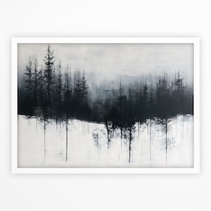 Nordic Scandinavian Forest, Monochrome Tree Watercolor Painting, Minimalist Nature Wall Art, Black And White, Landscape , Digital Download
