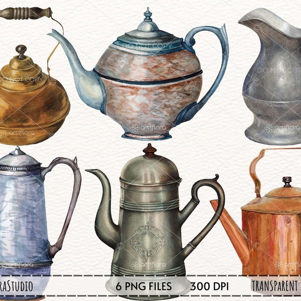 Watercolor Teapot Clipart, vintage teapot clipart, tea kettle watercolor, coffee pot clipart, decorative elements for instant download PNG