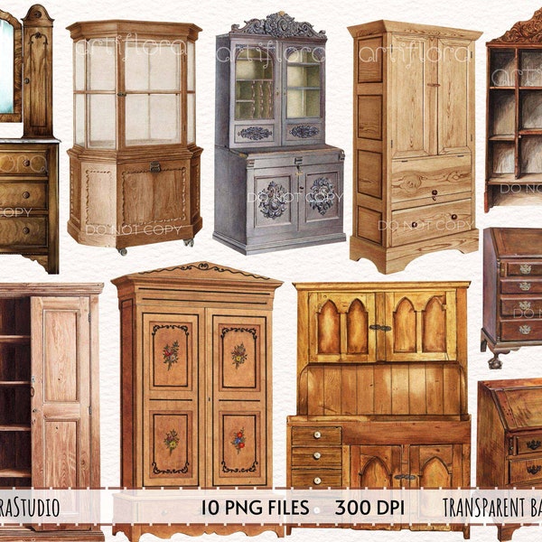 Clipart de muebles, imágenes prediseñadas de armario vintage, armario de acuarela, armario antiguo, escritorio de gabinete, elementos de acuarela para descarga instantánea