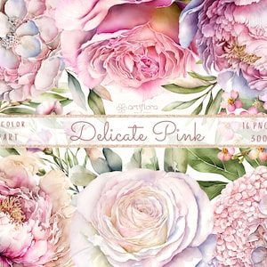 Aquarell Blumen Clipart, Pfingstrosen Rosen Hortensie Clipart, rosa weiße Blumen, Hochzeit Clipart, dekorative Elemente zum sofortigen download