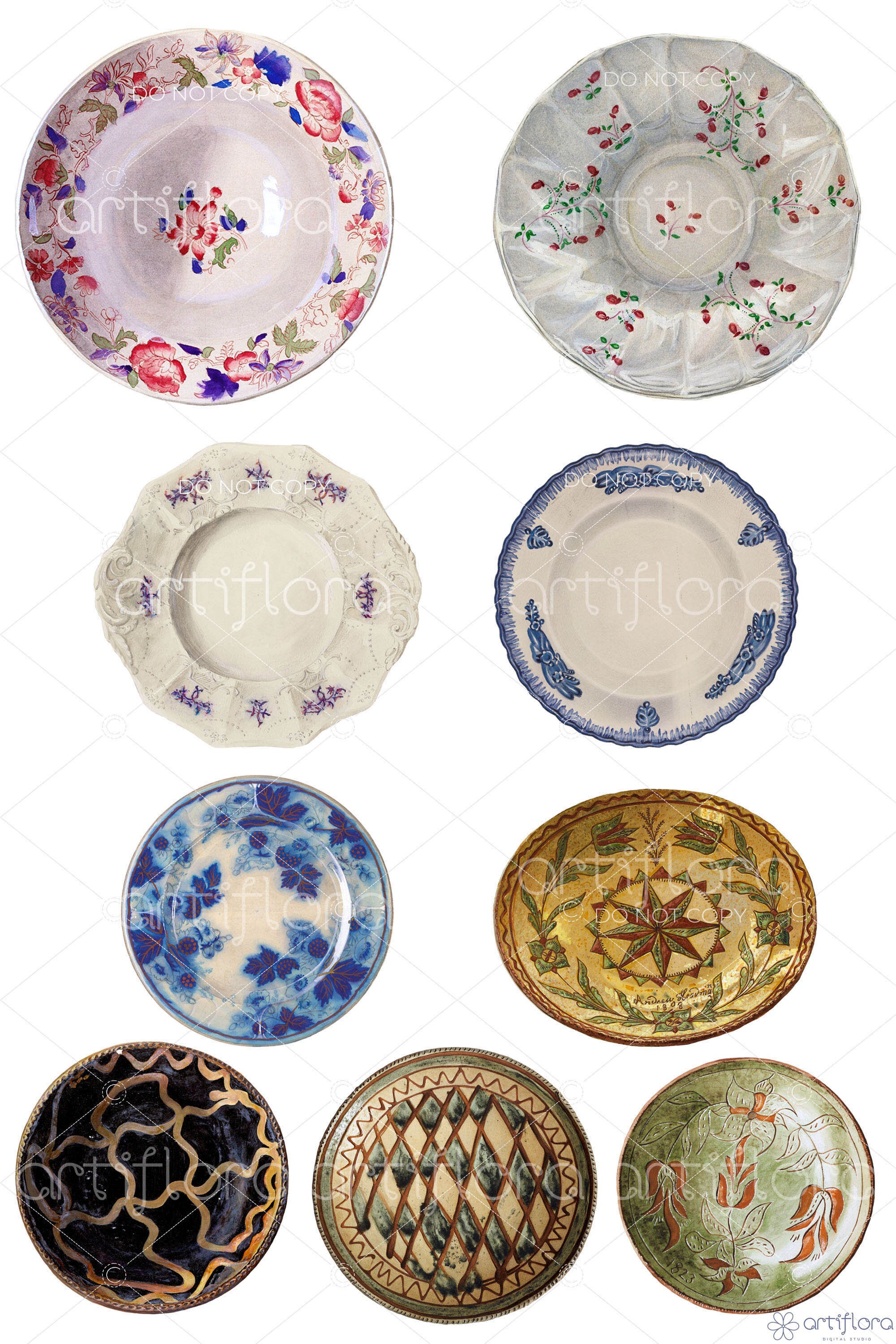 Watercolor Plates Clipart, Dinner Plates Clipart, Dinnerware Clipart