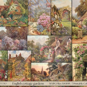 Vintage English Cottage Gardens 50 ilustraciones, 7 hojas de collage imprimibles, Ephemera Classics, Scrapbook Ephemera, Descarga instantánea