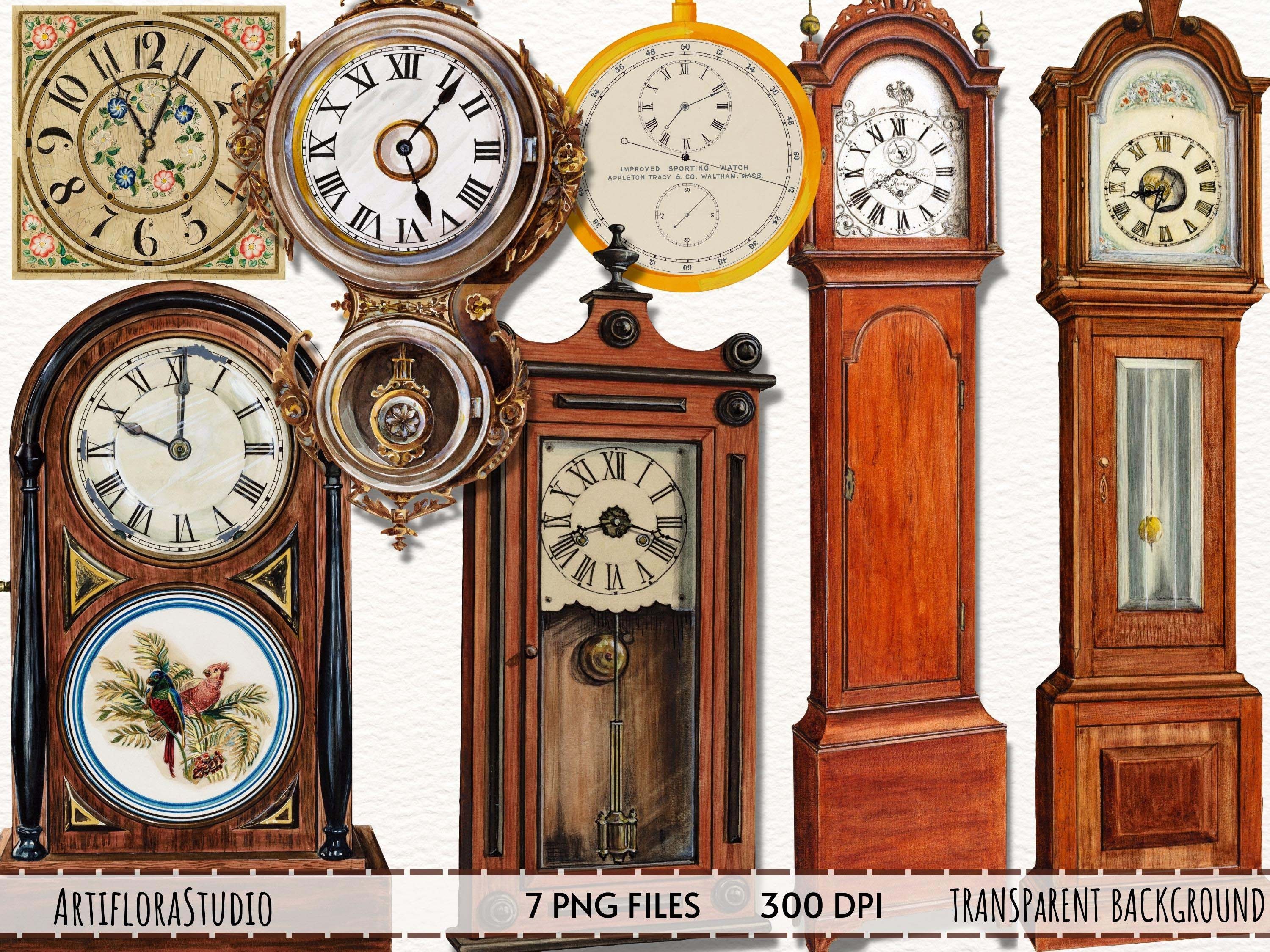 Vintage Clock Clipart, Vintage Interior Clipart, Watercolor Clock