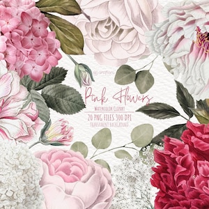 Aquarell Blumen Clipart, Pfingstrosen Rosen Hortensie Clipart, rosa weiße Blumen, Hochzeit Clipart, dekorative Elemente zum sofortigen download