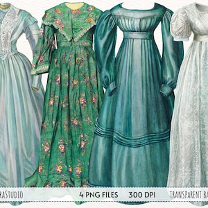 Watercolor Victorian Dresses clipart, Vintage Fashion Clipart, Green Blue Dresses PNG, Scrapbooking ephemera, Instant download PNG