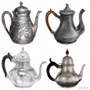 May include: Four silver teapots with different designs and handles. The teapots are all made of metal and have a shiny finish.