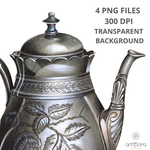 May include: A silver teapot with an ornate floral design and a lid with a finial. The teapot has a spout and a handle.