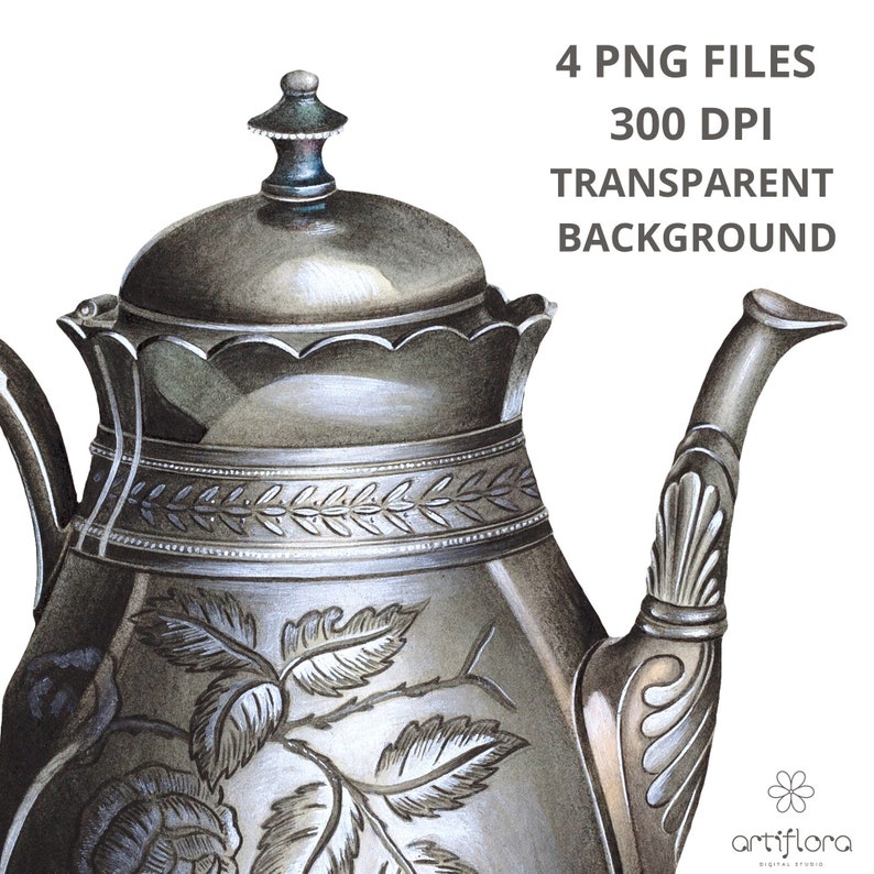 May include: A silver teapot with an ornate floral design and a lid with a finial. The teapot has a spout and a handle.