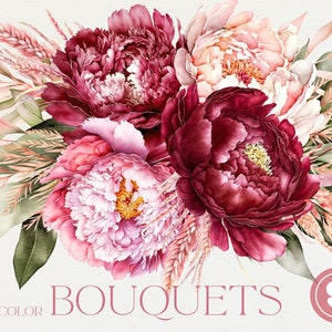 Aquarell Blumensträuße Arrangement Clipart, rosa Pfingstrosen Clipart, Grün, Hochzeitseinladungen, freie kommerzielle Nutzung PNG