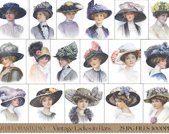 Vintage Portraits Ladies, 25 JPG, Romantic Ladies in Hats, Junk Journal, Vintage Ephemera, Shabby Chic, Instant Download