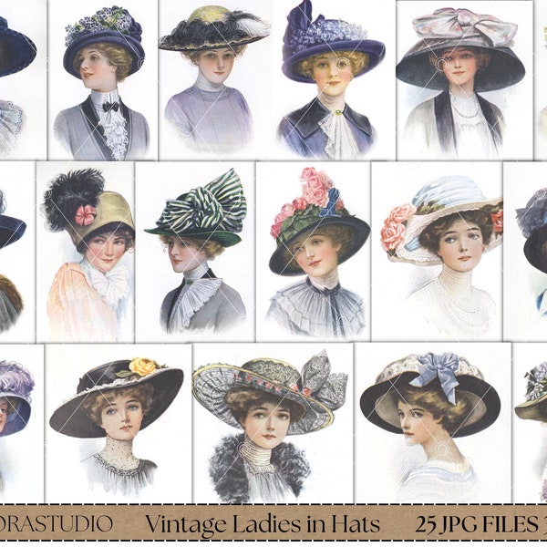 Vintage Portraits Ladies, 25 JPG, Romantic Ladies in Hats, Junk Journal, Vintage Ephemera, Shabby Chic, Instant Download