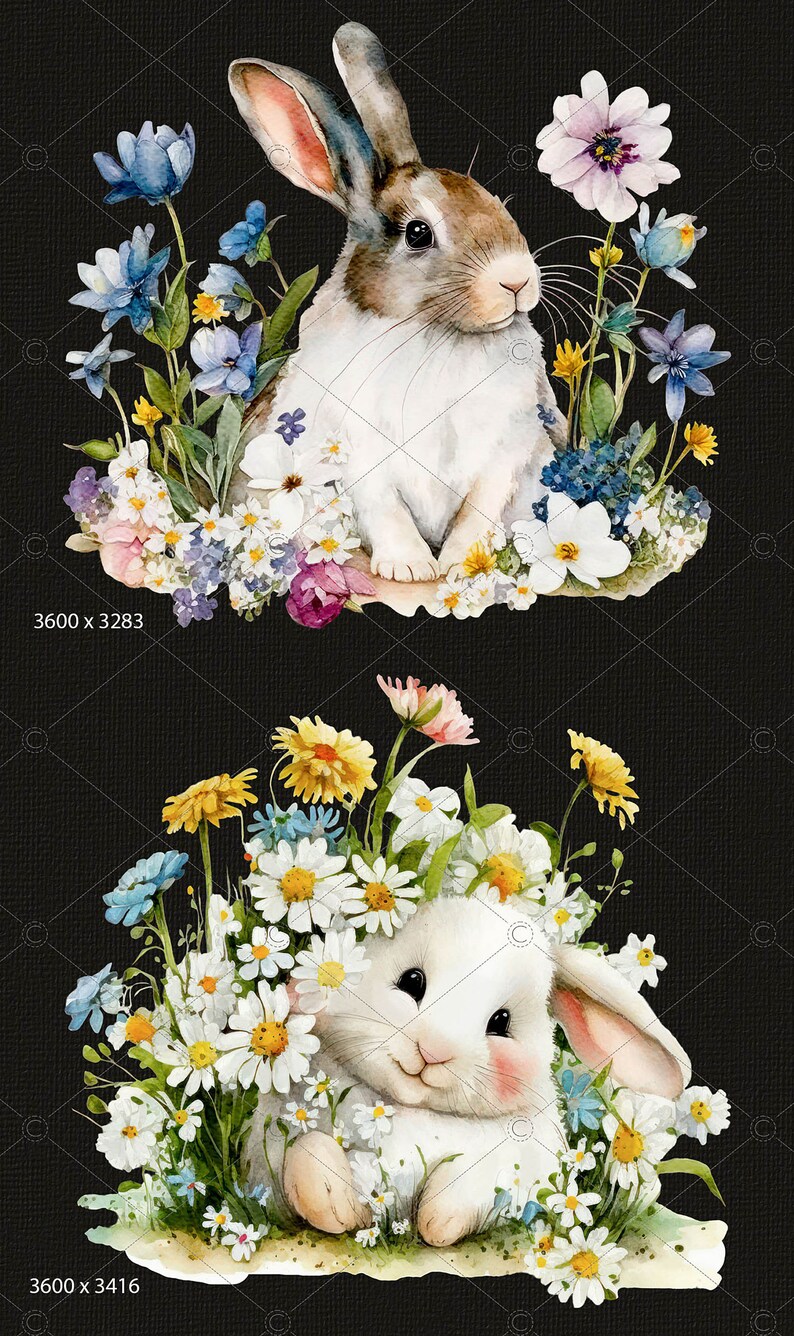 Watercolor Spring Easter Cute Bunny Rabbit Flowers Clipart, Spring ...