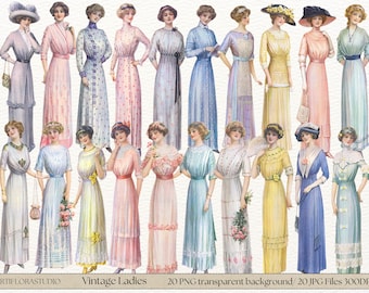 Vintage Ladies, 20 PNG/JPG, Romantic Ladies, Junk Journal, Vintage Ephemera, Fussy Cut women, Shabby Chic, Edwardian Ladies, Decoupage