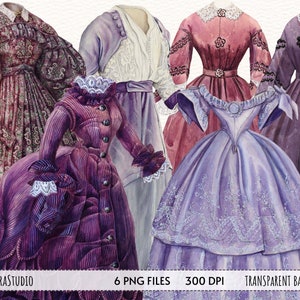 Watercolor Victorian Dresses clipart, Vintage Fashion Clipart, Purple Dresses PNG, Scrapbooking ephemera, Instant download PNG