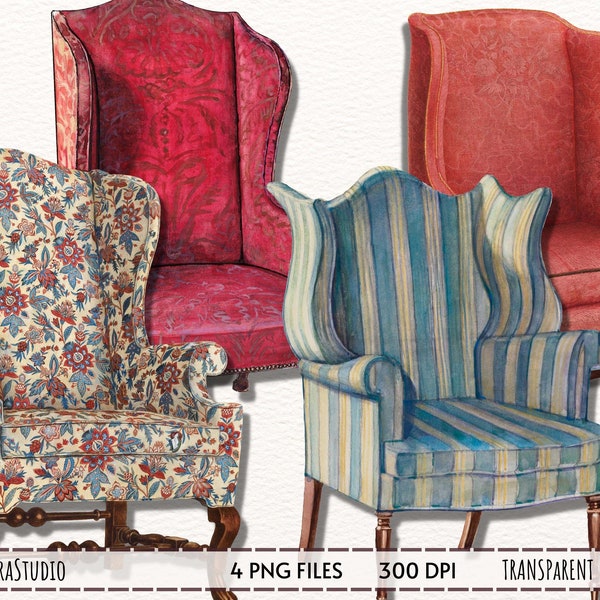Furniture Clipart, Vintage Armchair Clipart, watercolor armchair, Antique watercolor armchair, Decorative elements for instant download PNG