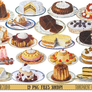 May include: A collection of 19 vintage illustrations of various desserts, including cakes, puddings, and pastries. The illustrations are in a cartoon style and feature a variety of colours and designs. The images are on a transparent background.
